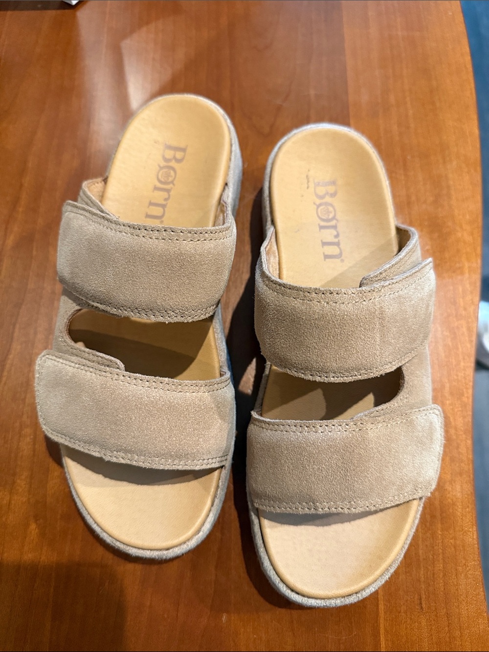 Born Vivian Suede Double-Strap Slide Sandals in Light Tan with lizard embossed.